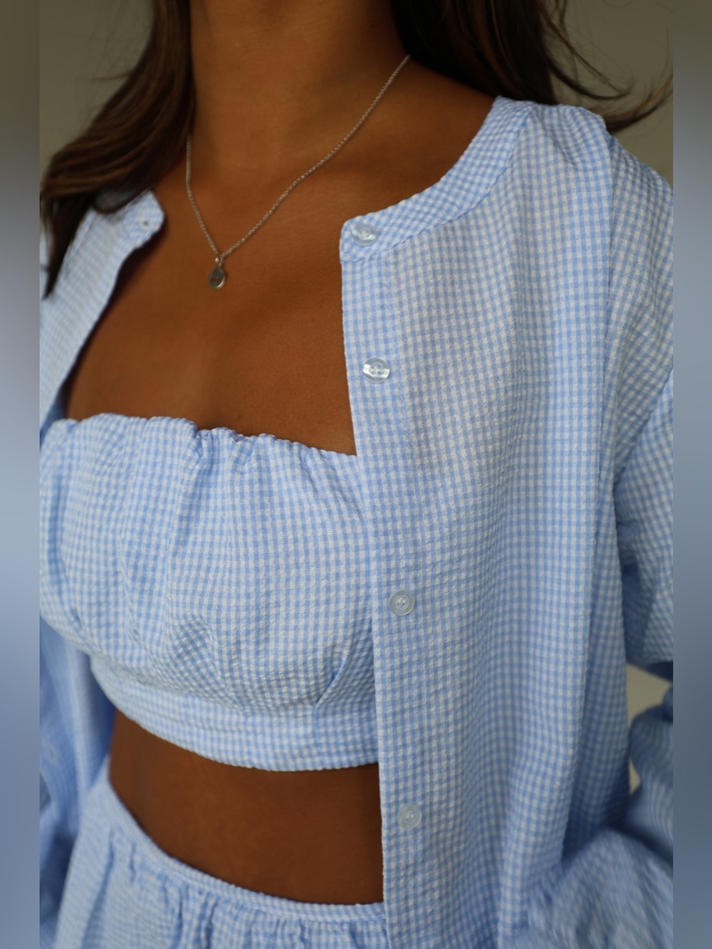🆕 Light Blue Oversized Gingham Collarless Button Up Blouse - Picture 7 of 9